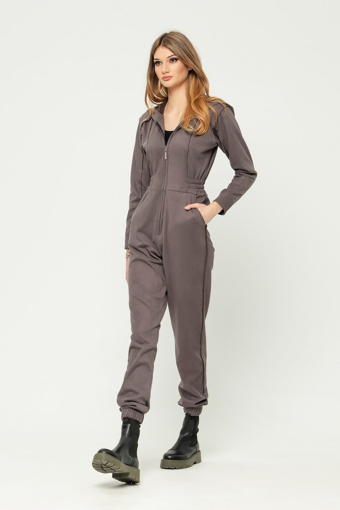Gray Day Long Sleeve Hooded Jumpsuit with Pockets