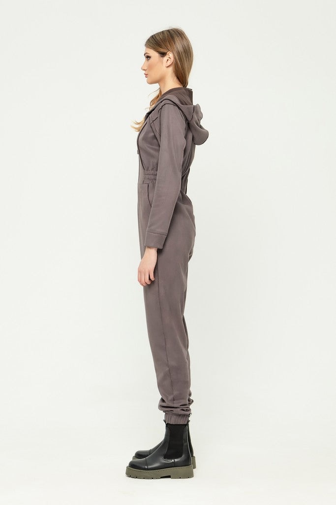Gray Day Long Sleeve Hooded Jumpsuit with Pockets