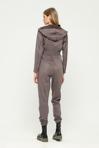 Gray Day Long Sleeve Hooded Jumpsuit with Pockets