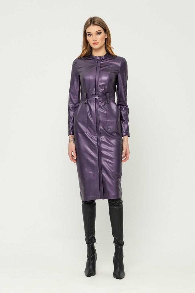 Violet Party Bodycon Crewneck Long Sleeve Below Knee Dress with Pockets