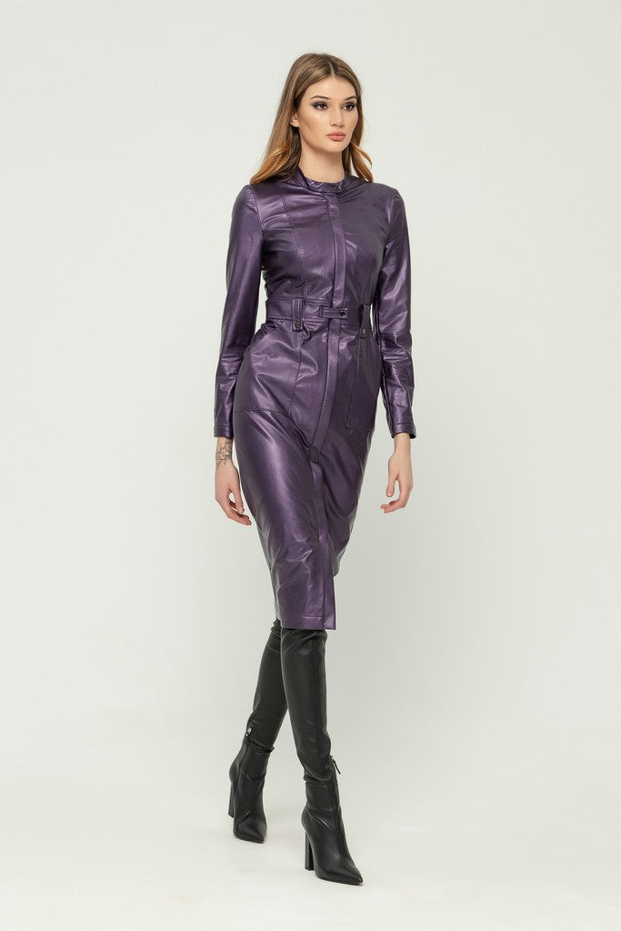 Violet Party Bodycon Crewneck Long Sleeve Below Knee Dress with Pockets