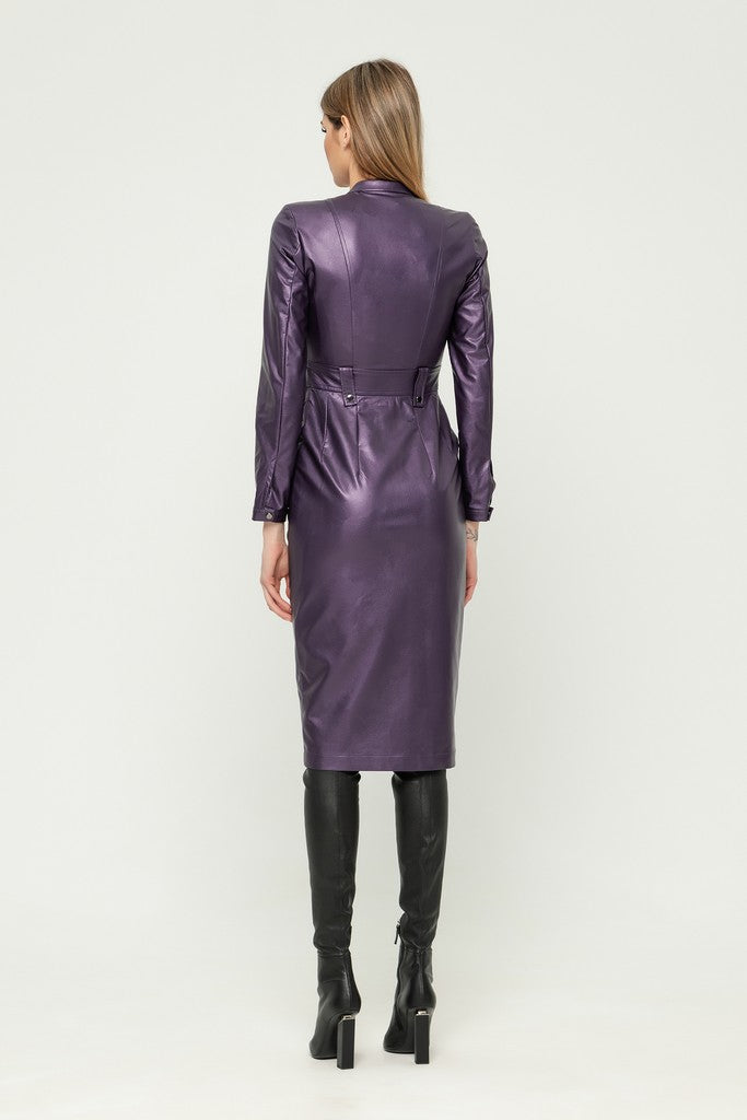 Violet Party Bodycon Crewneck Long Sleeve Below Knee Dress with Pockets