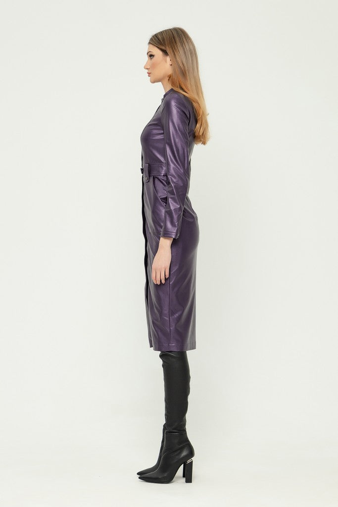 Violet Party Bodycon Crewneck Long Sleeve Below Knee Dress with Pockets