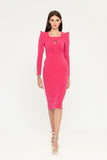 Fuchsia Cocktail Fitted Squareneck Long Sleeve Knee Elegant Dress