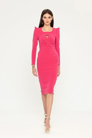 Fuchsia Cocktail Fitted Squareneck Long Sleeve Knee Elegant Dress