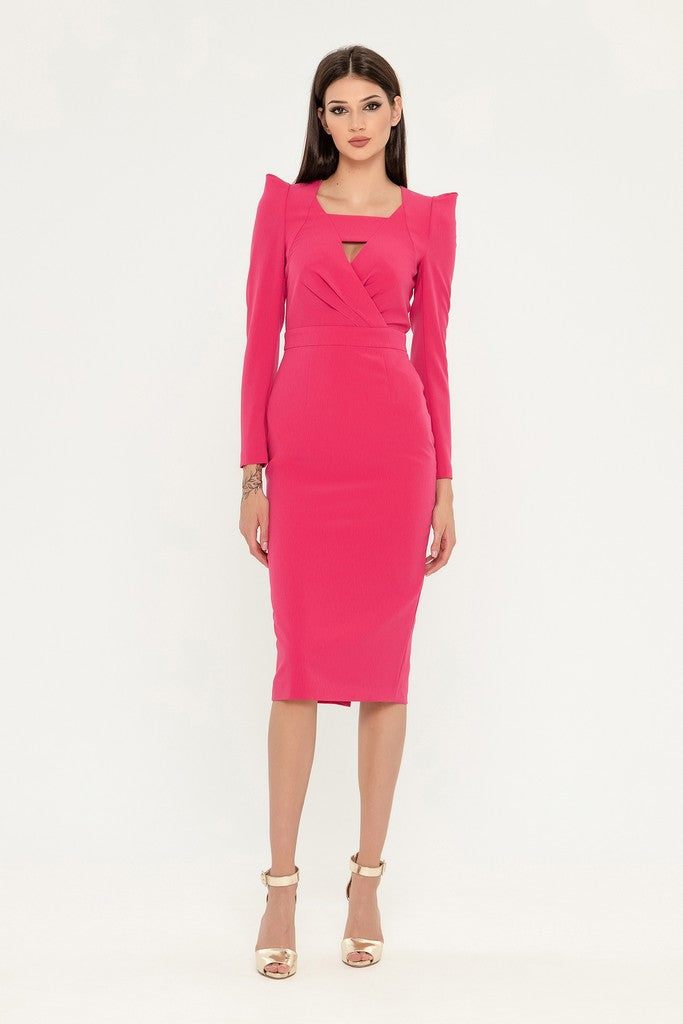 Fuchsia Cocktail Fitted Squareneck Long Sleeve Knee Elegant Dress