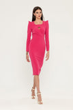 Fuchsia Cocktail Fitted Squareneck Long Sleeve Knee Elegant Dress