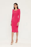 Fuchsia Cocktail Fitted Squareneck Long Sleeve Knee Elegant Dress