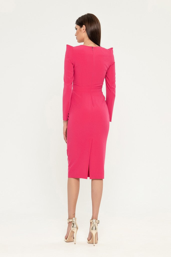 Fuchsia Cocktail Fitted Squareneck Long Sleeve Knee Elegant Dress