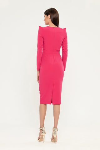 Fuchsia Cocktail Fitted Squareneck Long Sleeve Knee Elegant Dress