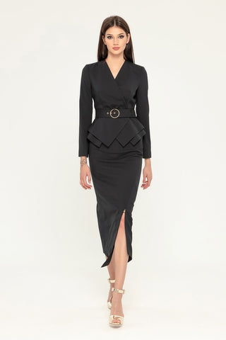 Black Office Suit (Long Sleeve Jacket & Pencil Skirt) with Belt