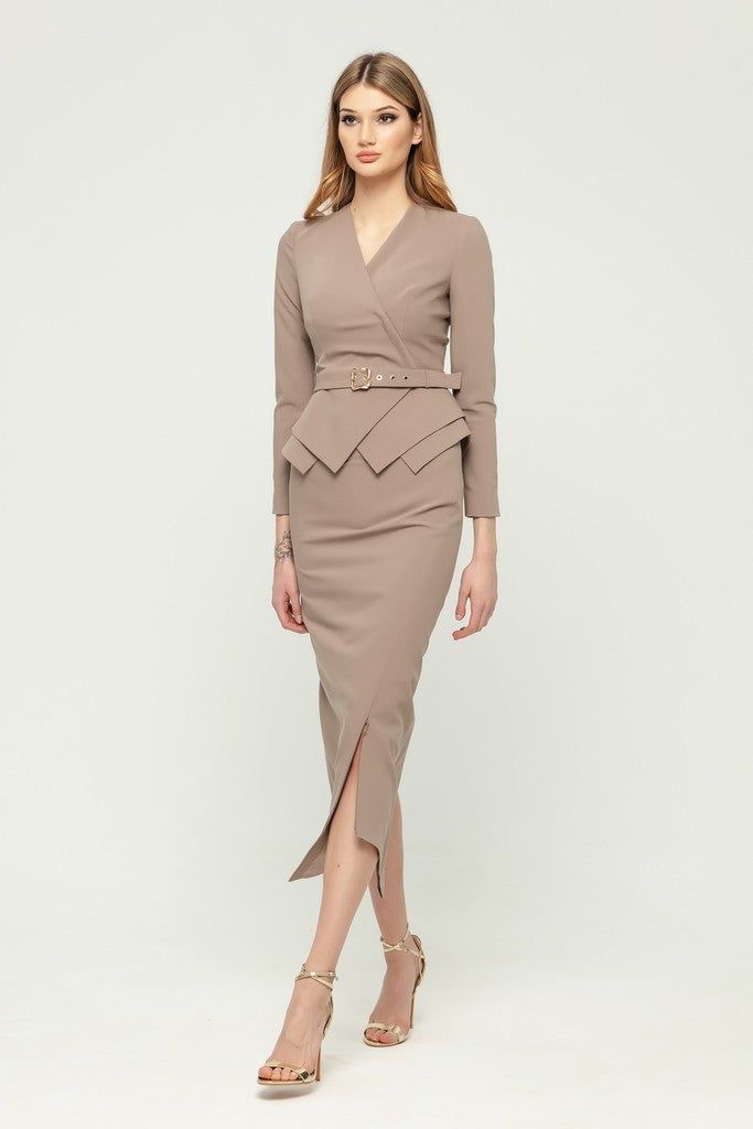 Cappuccino Office Suit (Long Sleeve Jacket & Pencil Skirt) with Belt