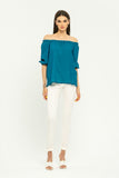 Summer Turquoise Day Off The Shoulder Elbow Sleeve Solid Color Silk Blouse