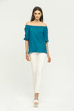 Summer Turquoise Day Off The Shoulder Elbow Sleeve Solid Color Silk Blouse