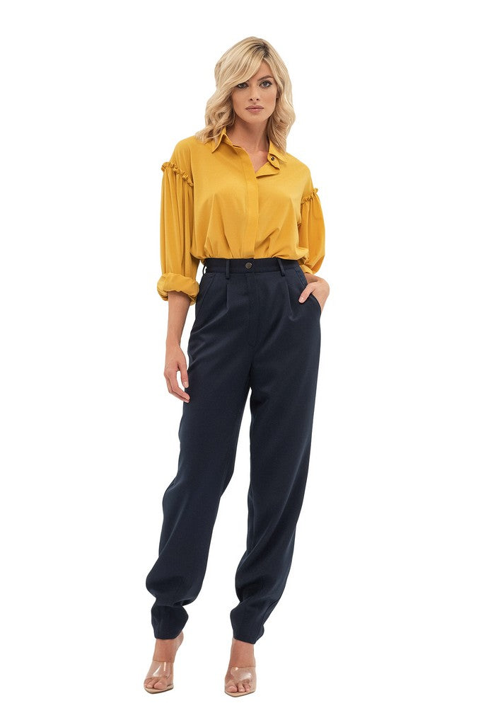 Navy Office Solid Color Pants with Pockets
