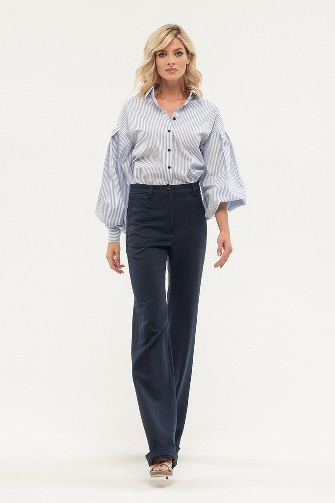 Navy Office Palazzo Solid Color Pants with Pockets