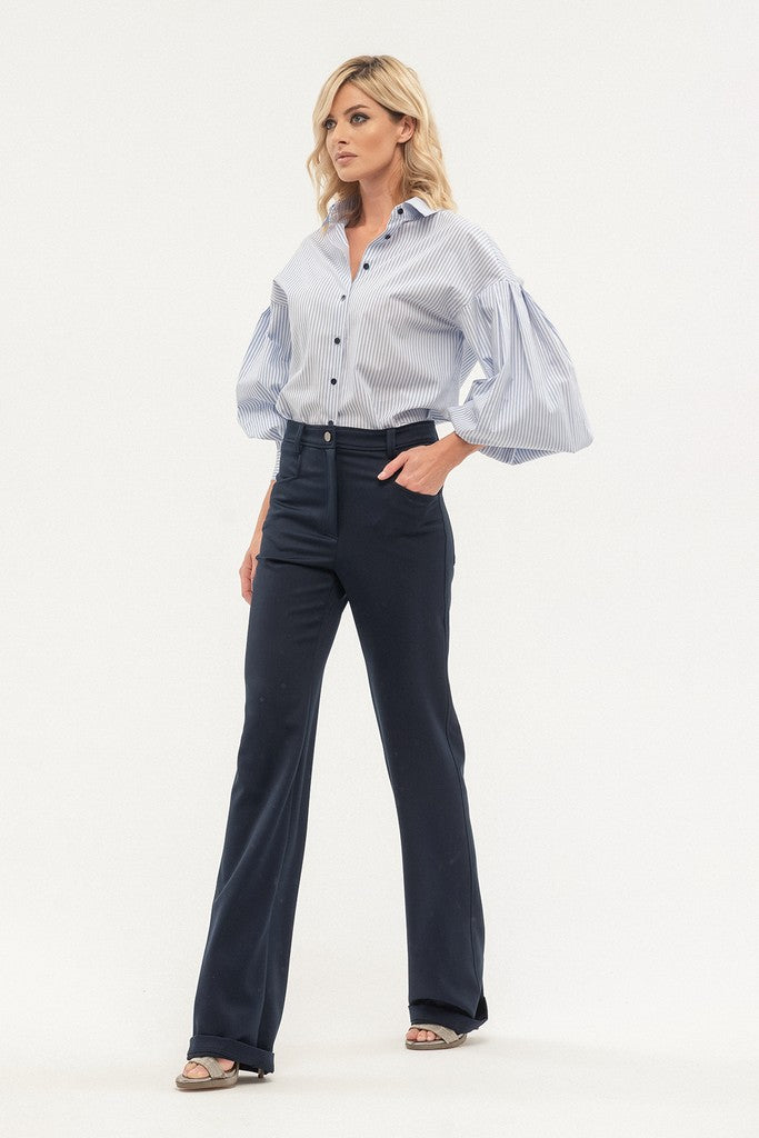 Navy Office Palazzo Solid Color Pants with Pockets