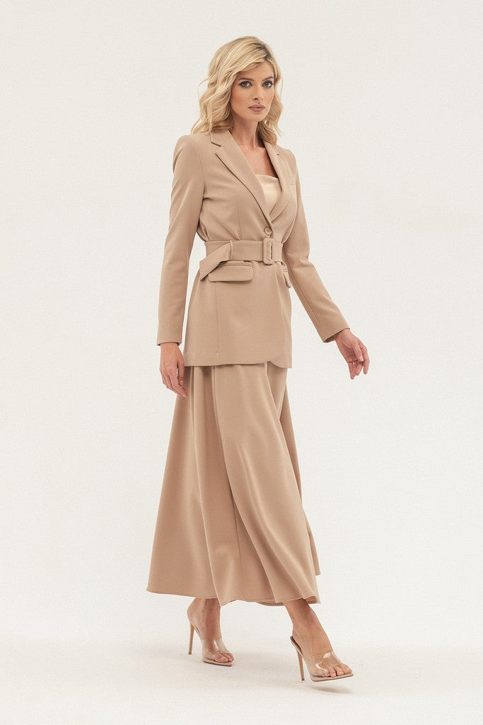 Beige Office Solid Color Long Sleeve Notch Lapel Jacket with Belt