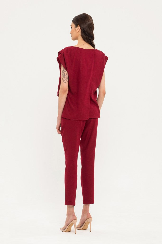 Burgundy Day Boatneck Sleeveless Jumpsuit with Belt