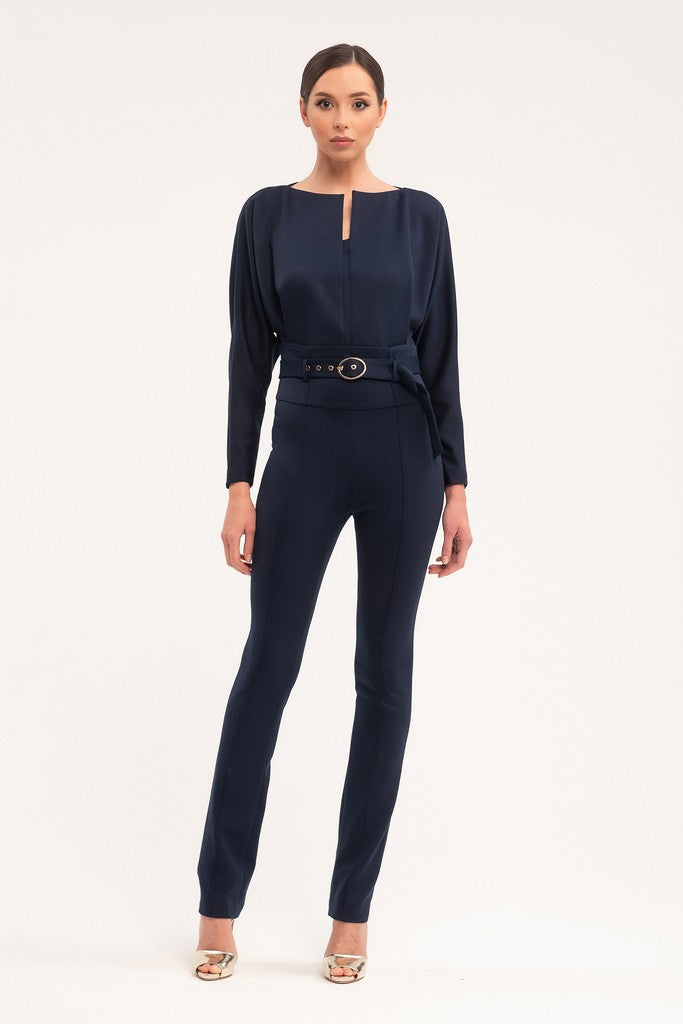 Blue Office Solid Color Long Sleeve Squareneck Jumpsuit with Belt