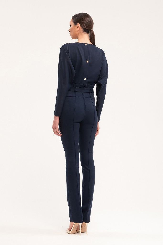 Blue Office Solid Color Long Sleeve Squareneck Jumpsuit with Belt