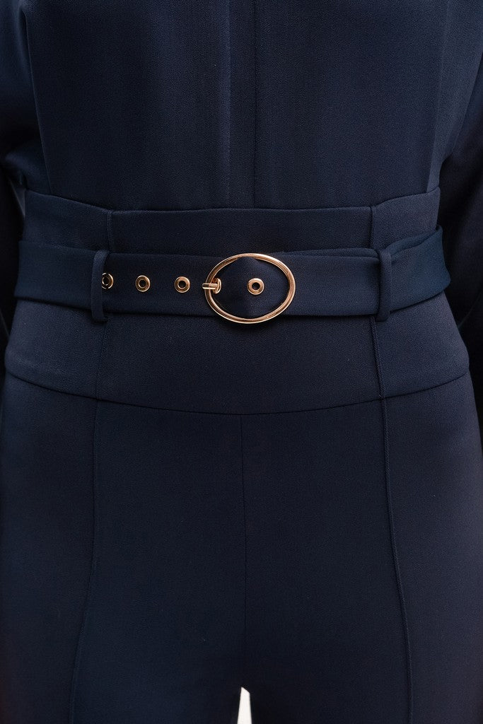 Blue Office Solid Color Long Sleeve Squareneck Jumpsuit with Belt