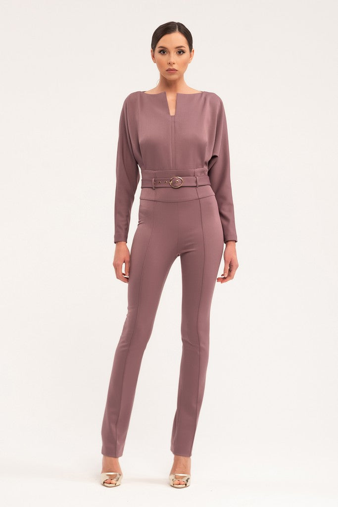 Cappuccino Office Solid Color Long Sleeve Squareneck Jumpsuit with Belt