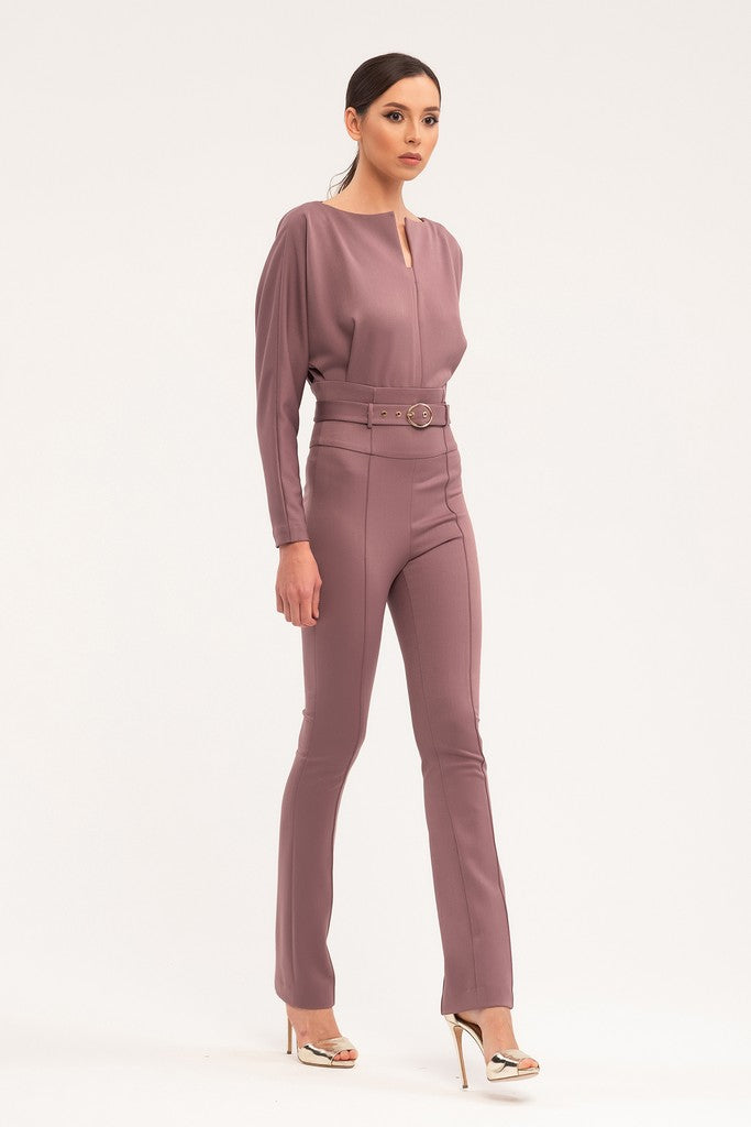 Cappuccino Office Solid Color Long Sleeve Squareneck Jumpsuit with Belt