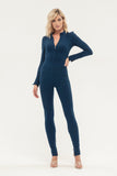 Turquoise Day Crewneck Long Sleeve Solid Color Jumpsuit with Belt-Skirt