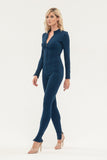 Turquoise Day Crewneck Long Sleeve Solid Color Jumpsuit with Belt-Skirt