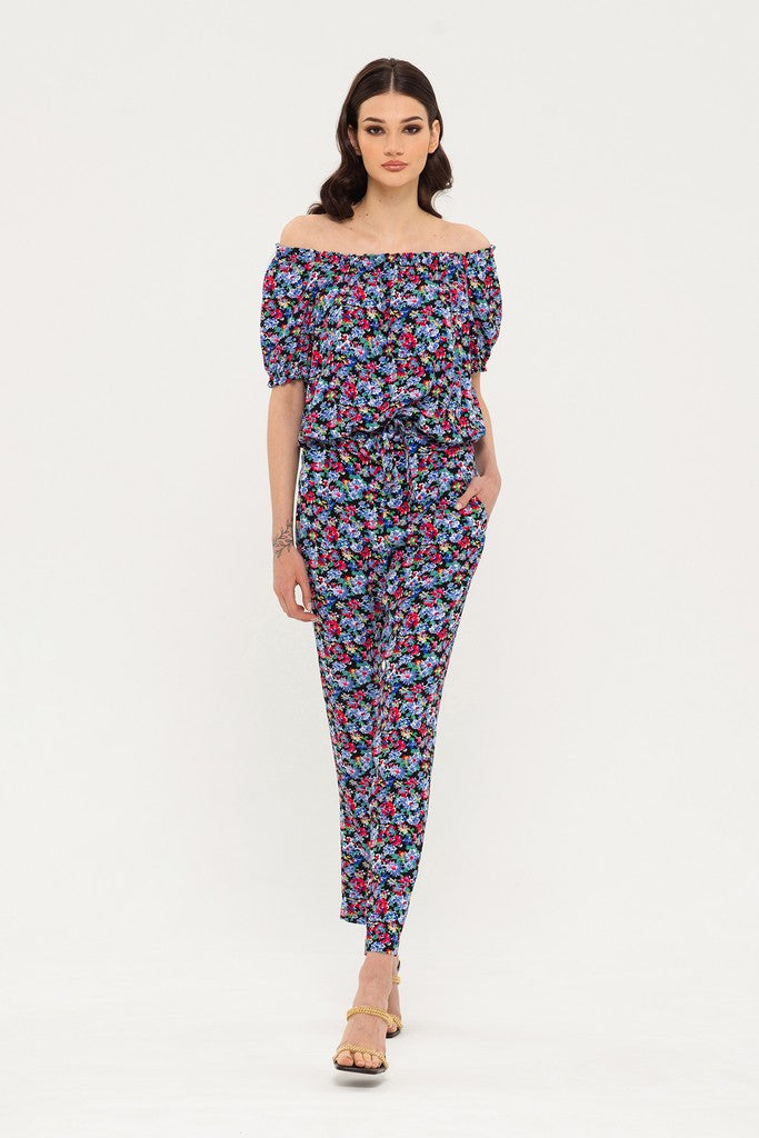 Black, Red, Blue Summer Day Off The Shoulder Elbow Sleeve Printed Jumpsuit with Pockets