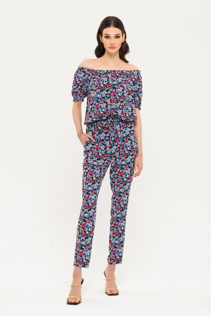 Black, Red, Blue Summer Day Off The Shoulder Elbow Sleeve Printed Jumpsuit with Pockets