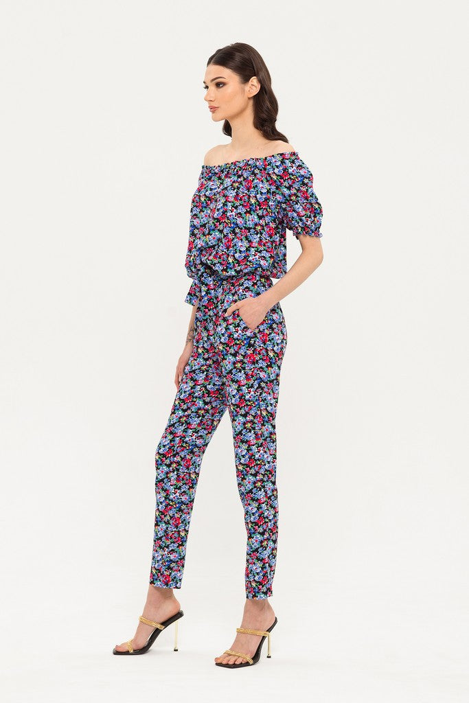 Black, Red, Blue Summer Day Off The Shoulder Elbow Sleeve Printed Jumpsuit with Pockets