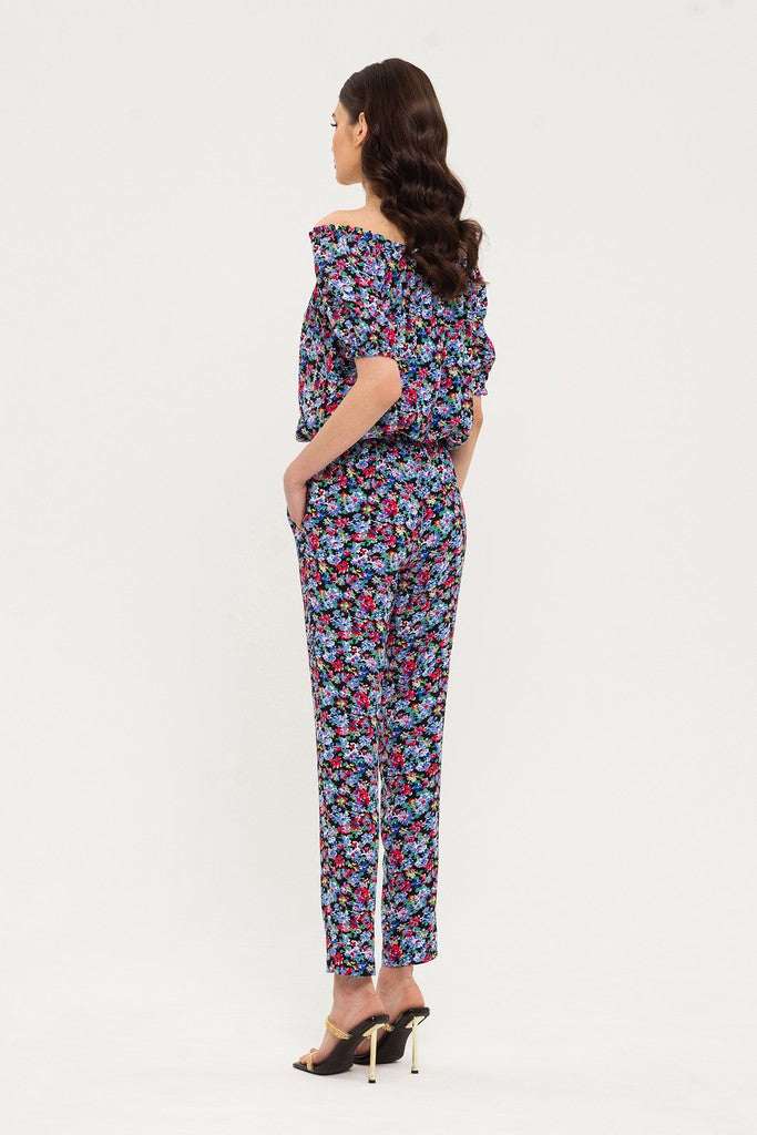 Black, Red, Blue Summer Day Off The Shoulder Elbow Sleeve Printed Jumpsuit with Pockets