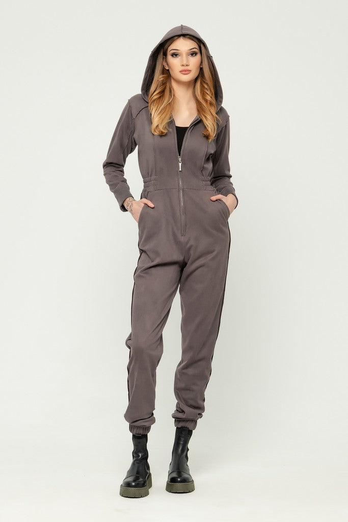 Gray Day Long Sleeve Hooded Jumpsuit with Pockets