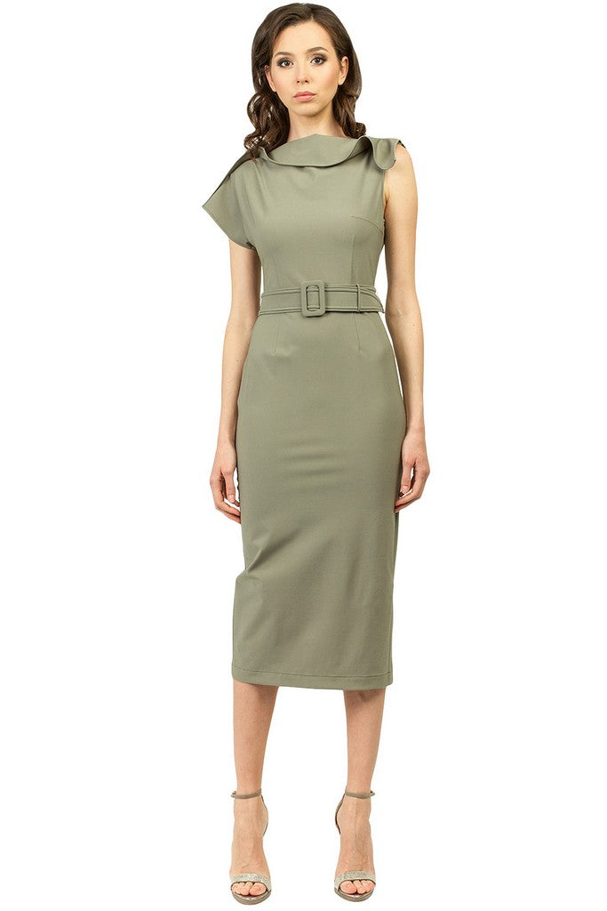 Olive Summer Office Fitted Short Sleeve Midi Dress with Belt BGL - online store women's clothing Olive Summer Office Fitted Short Sleeve Midi Dress with Belt BGL - online store women's clothing