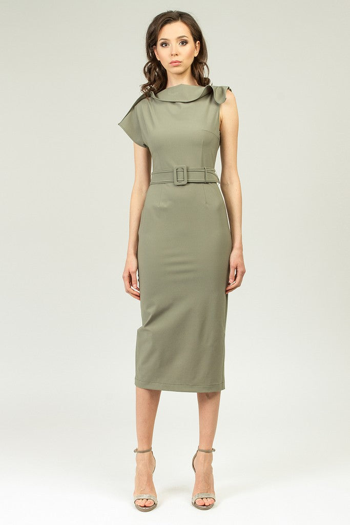 Olive Summer Office Fitted Short Sleeve Midi Dress with Belt Olive Summer Office Fitted Short Sleeve Midi Dress with Belt