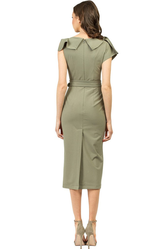 Olive Summer Office Fitted Short Sleeve Midi Dress with Belt