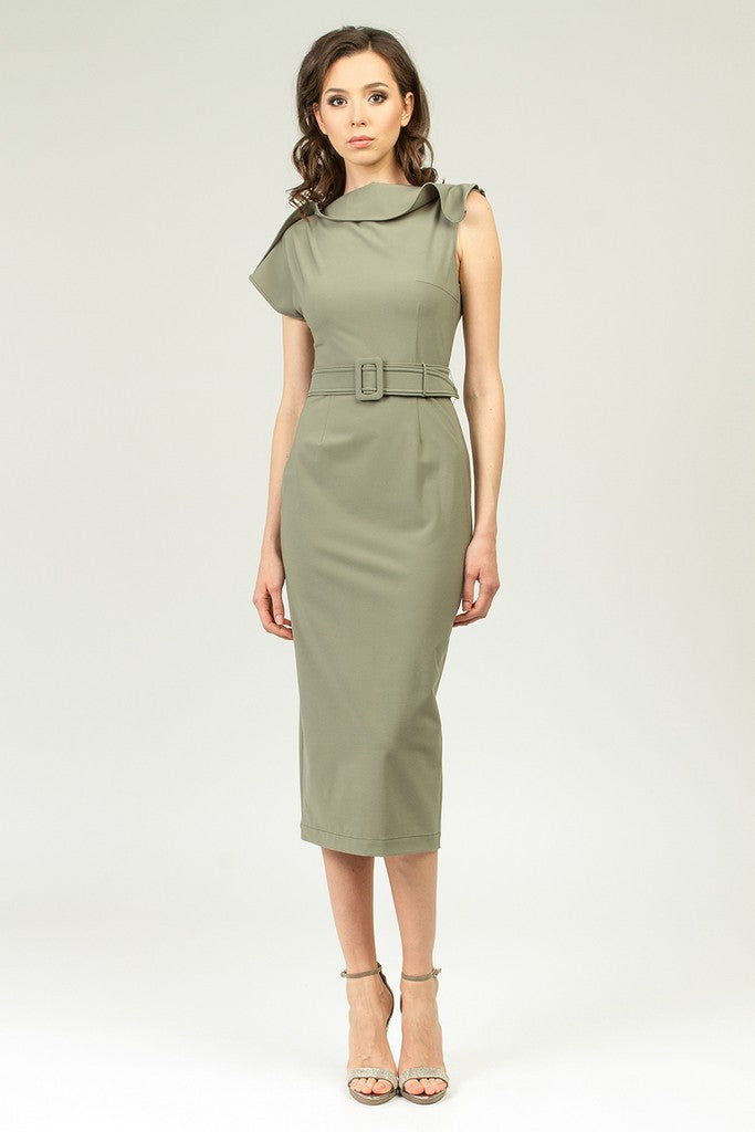Olive Summer Office Fitted Short Sleeve Midi Dress with Belt BGL - online store women's clothing Olive Summer Office Fitted Short Sleeve Midi Dress with Belt BGL - online store women's clothing