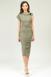 Olive Summer Office Fitted Short Sleeve Midi Dress with Belt