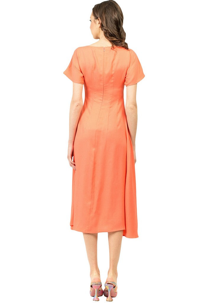Salmon Summer Office Day A-line Boatneck Short Sleeve Midi Striped Dress