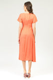 Salmon Summer Office Day A-line Boatneck Short Sleeve Midi Striped Dress