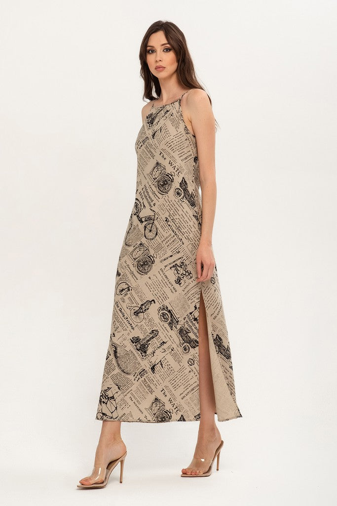 Beige Day A-line Crewneck Strap Printed Tea Summer Dress