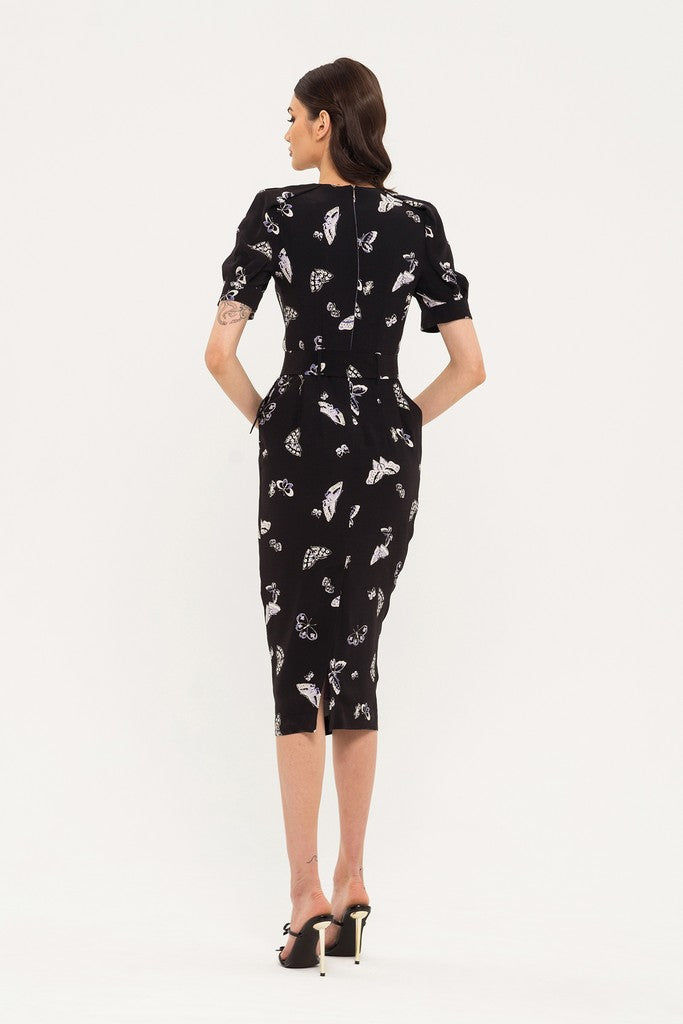 Black Office Bodycon Squareneck Short Sleeve Midi Dress with Pockets Black Office Bodycon Squareneck Short Sleeve Midi Dress with Pockets