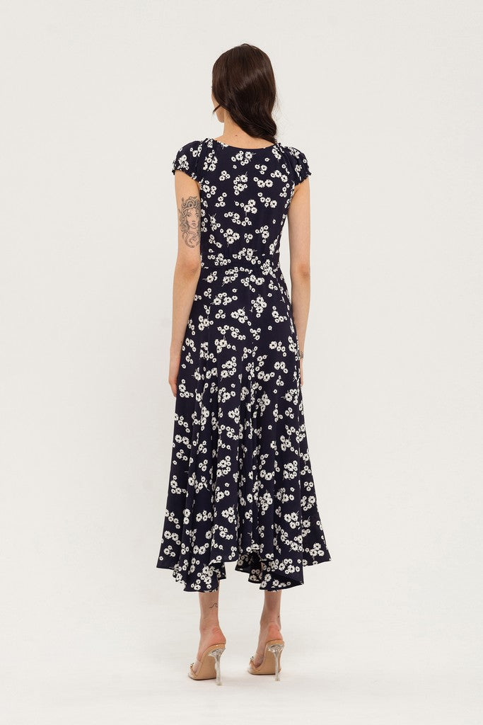 Blue Day A-line V-neck Cape Short Sleeve Maxi Floral Dress