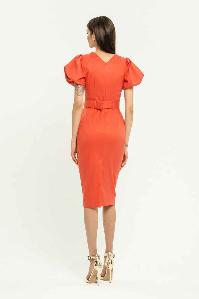 Summer Salmon Evening Bodycon Squareneck Juliet Short Sleeve Knee Dress