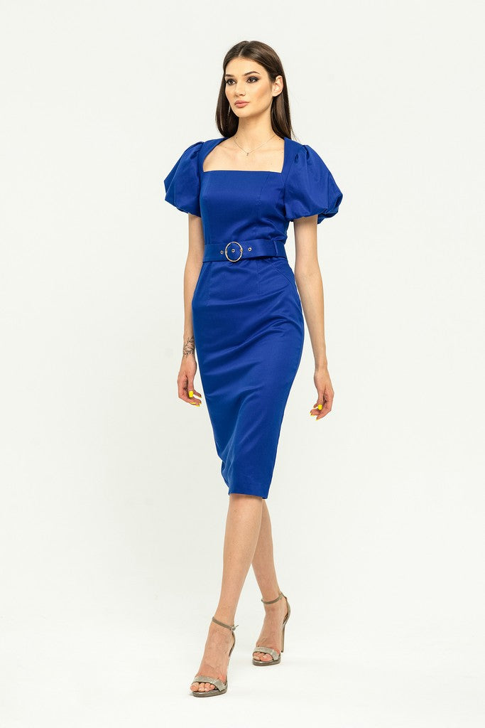 Summer Sapphire Evening Bodycon Squareneck Juliet Short Sleeve Knee Dr – BGL