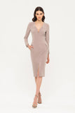 Beige Office Fitted V-neck 3/4 Sleeves Below Knee Dress with Pockets