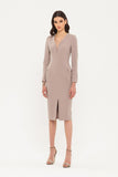 Beige Office Fitted V-neck 3/4 Sleeves Below Knee Dress with Pockets