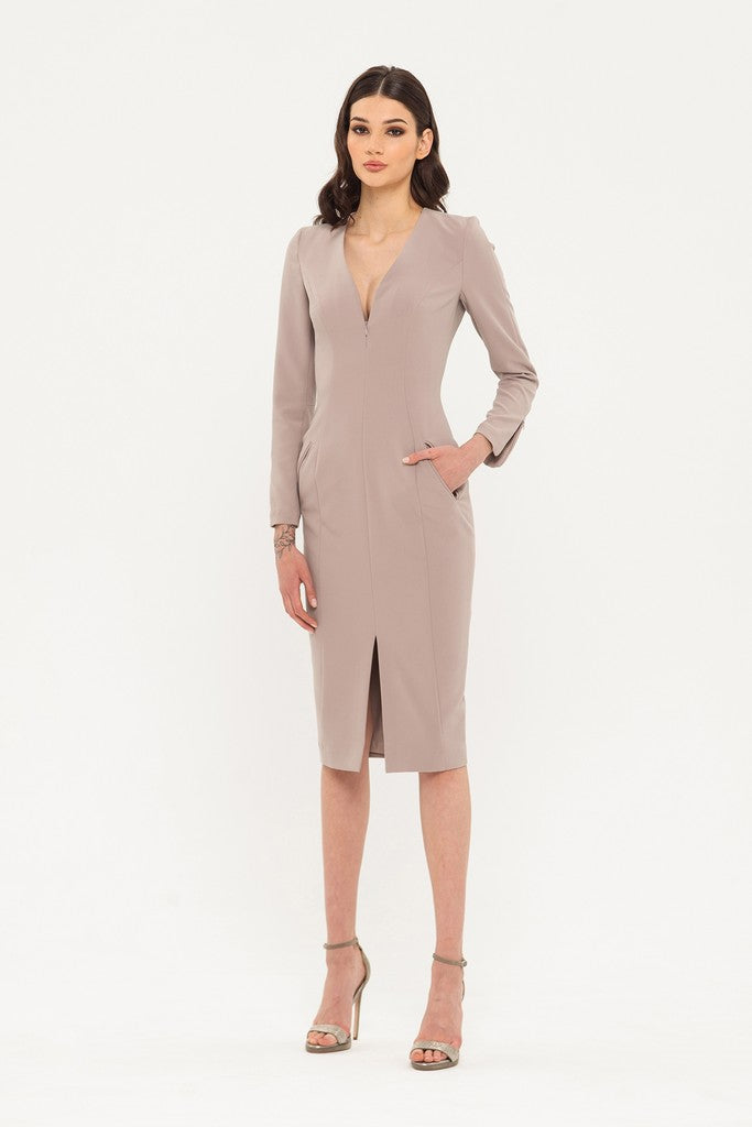 Beige Office Fitted V-neck 3/4 Sleeves Below Knee Dress with Pockets BGL - online store women's clothing Beige Office Fitted V-neck 3/4 Sleeves Below Knee Dress with Pockets BGL - online store women's clothing